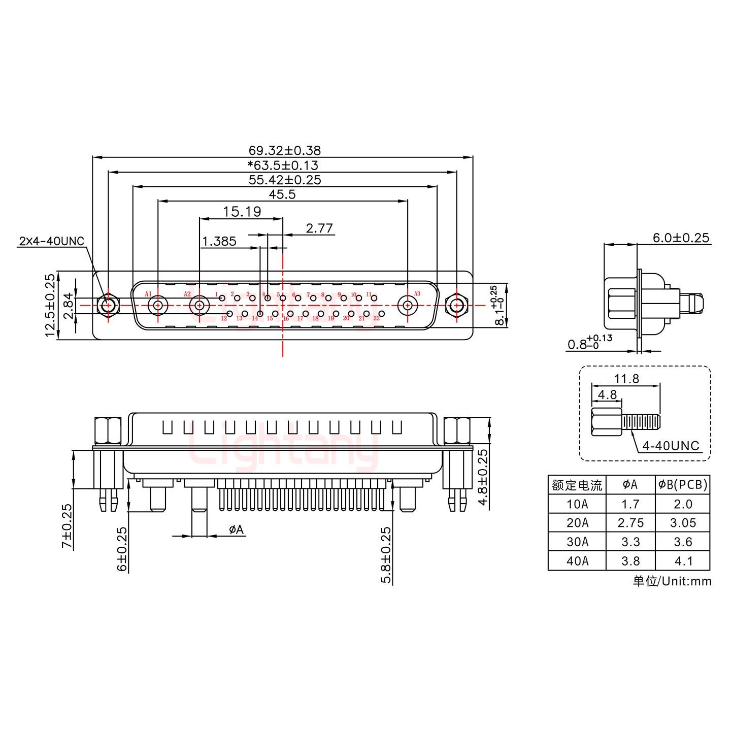 25W3公PCB直插板/铆鱼叉7.0/大电流20A