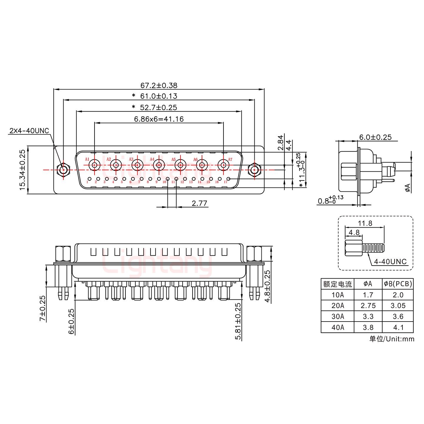 24W7公PCB直插板/铆鱼叉7.0/大电流40A