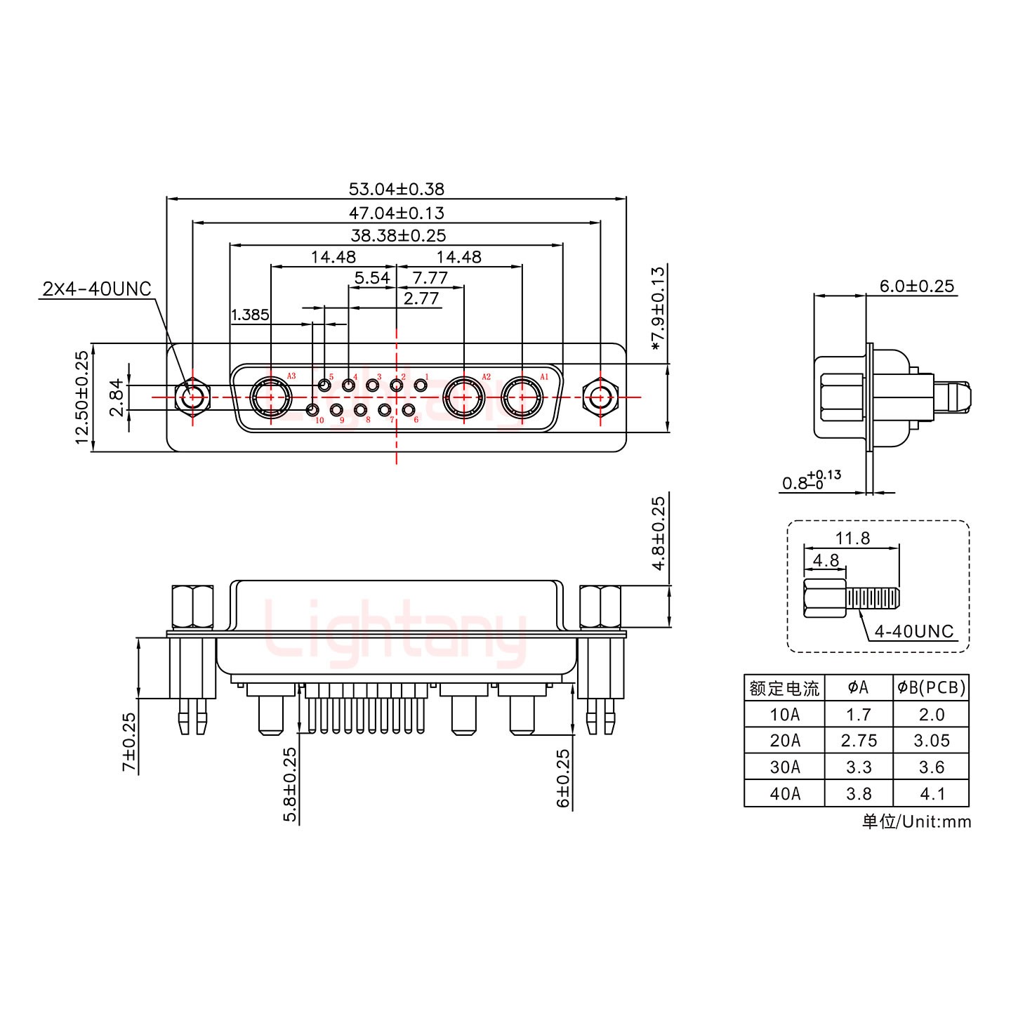 13W3母PCB直插板/铆鱼叉7.0/大电流40A