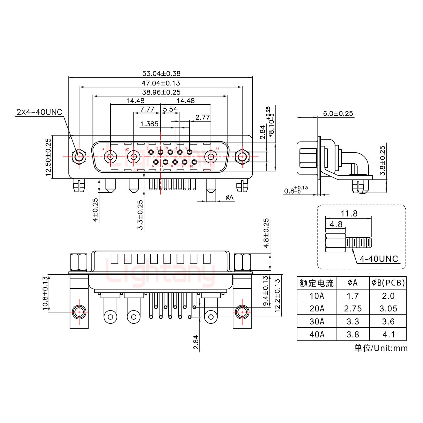 13W3公PCB弯插板/铆支架10.8/大电流30A