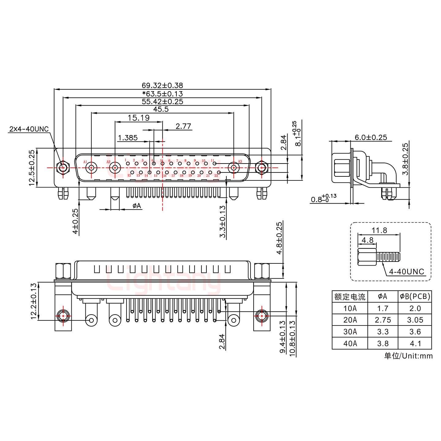 25W3公PCB弯插板/铆支架10.8/大电流30A