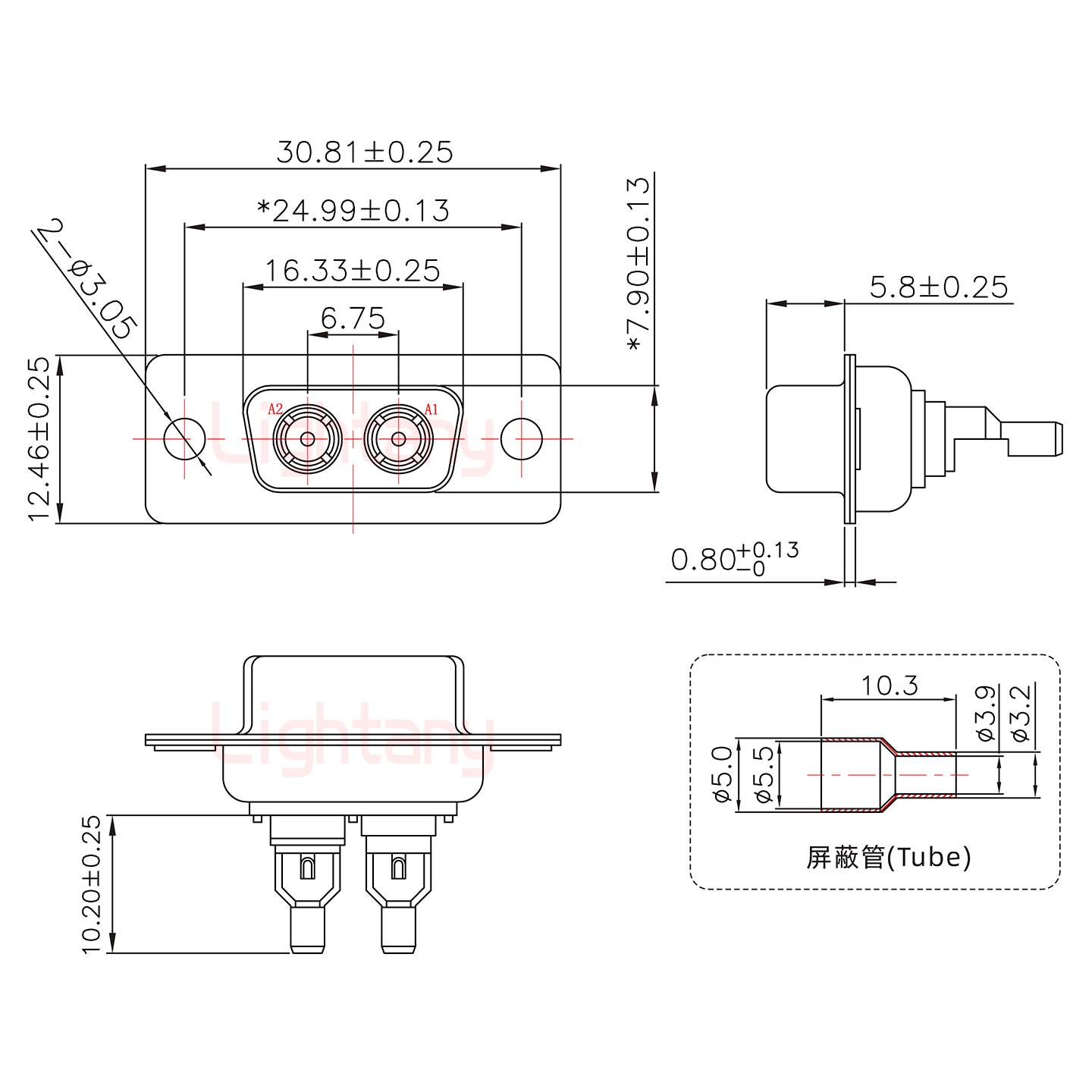 2W2公焊线式75欧姆+9P金属外壳424弯出线4~12mm