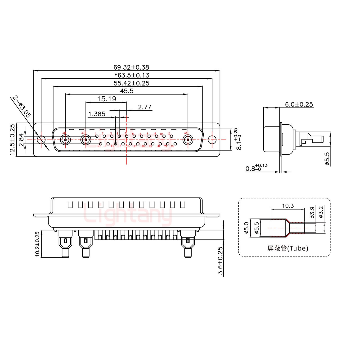 25W3公焊线式75欧姆+37P金属外壳2185直出线4~12mm