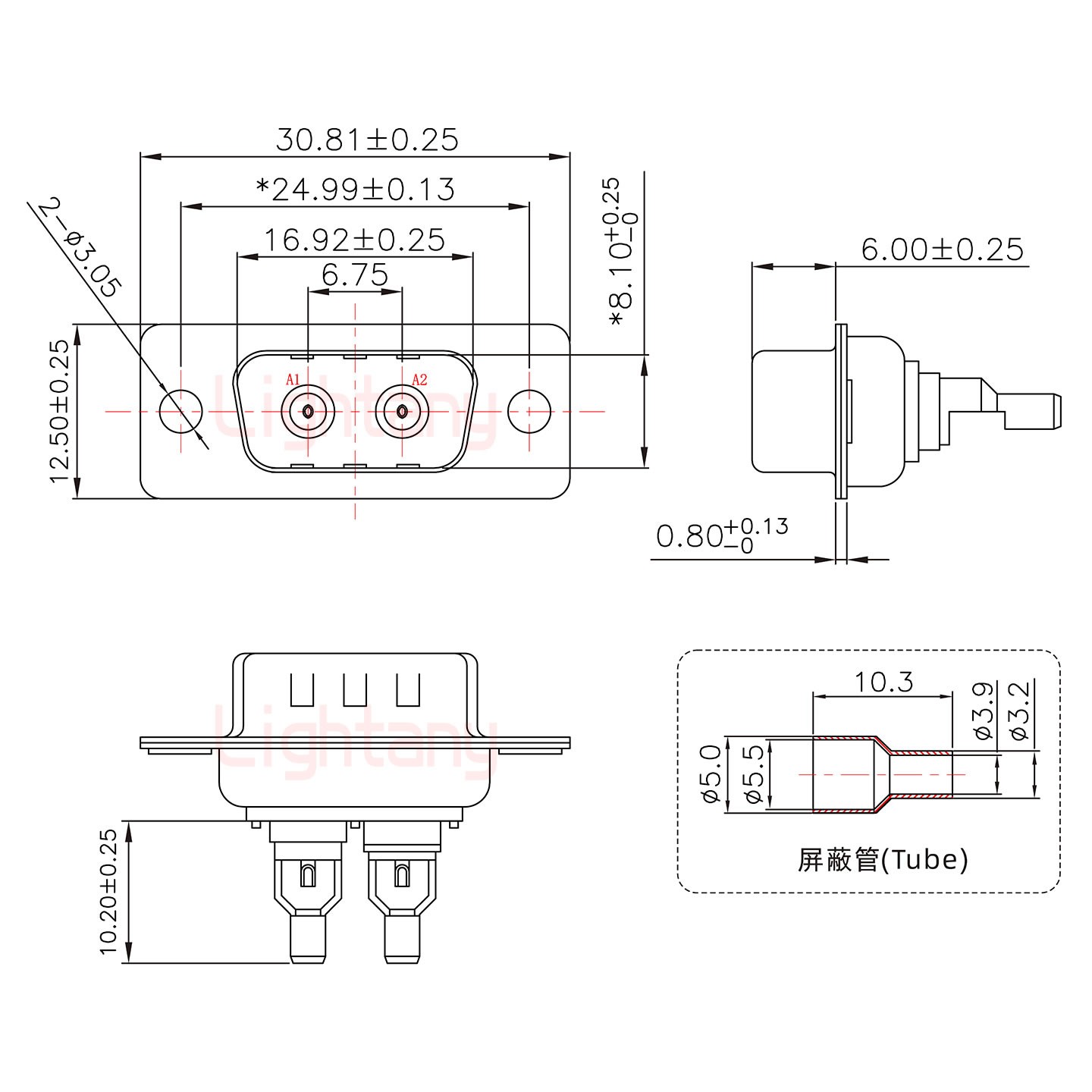 2W2母焊线式50欧姆+9P金属外壳424弯出线4~12mm