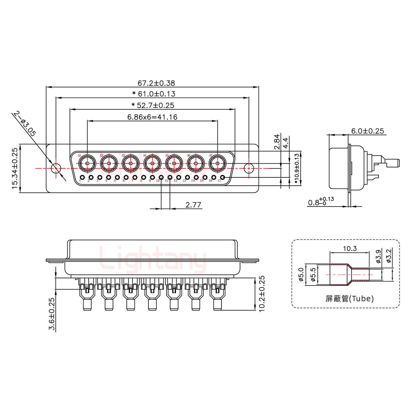 24W7母焊线式50欧姆+50P金属外壳1745弯出线4~12mm