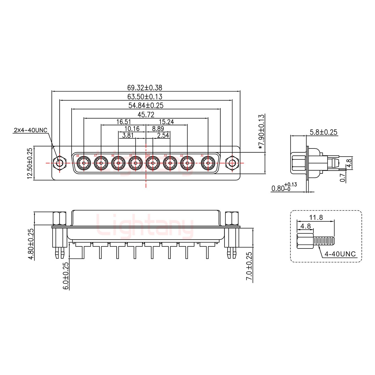 8W8母PCB直插板/铆鱼叉7.0/射频同轴50欧姆