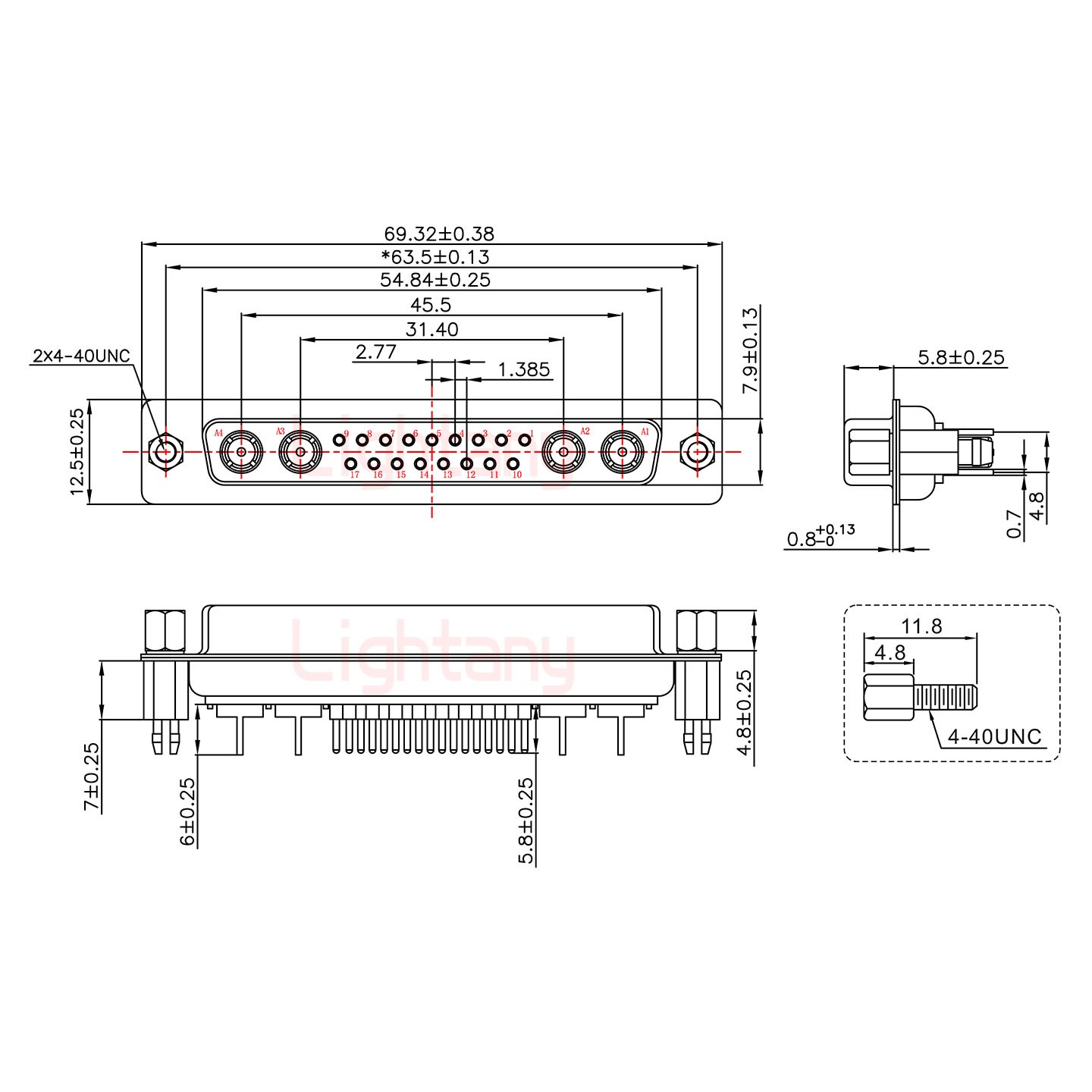 21W4母PCB直插板/铆鱼叉7.0/射频同轴50欧姆