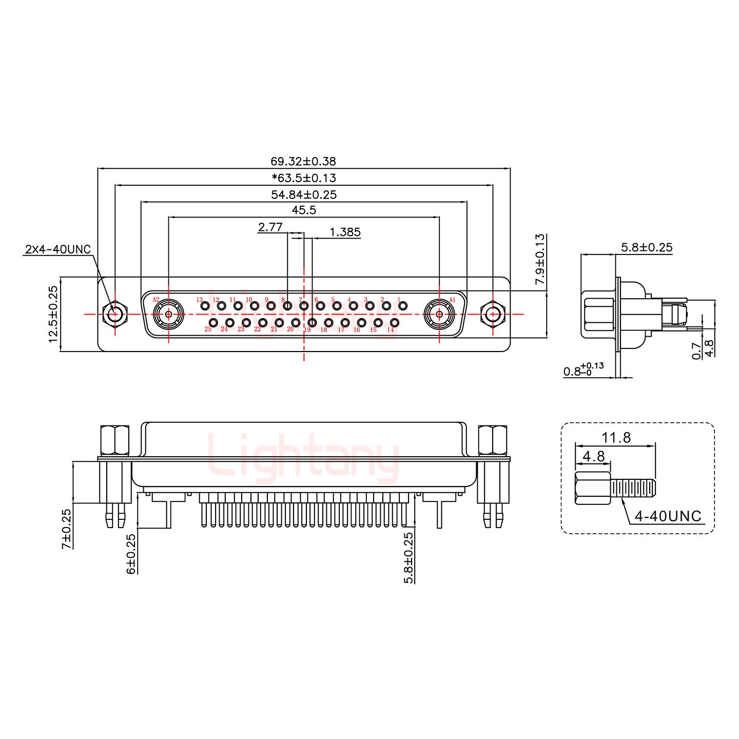 27W2母PCB直插板/铆鱼叉7.0/射频同轴75欧姆