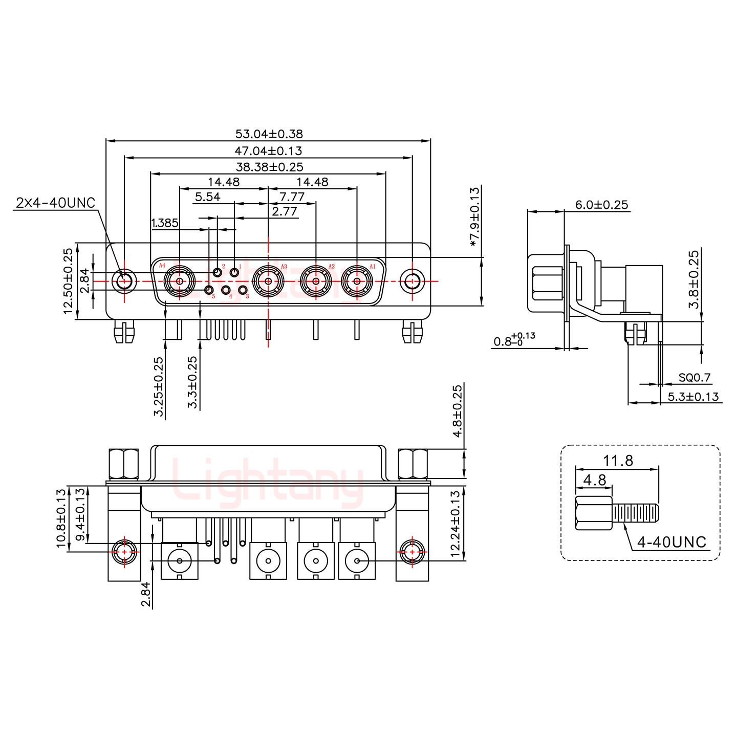 9W4母PCB弯插板/铆支架10.8/射频同轴50欧姆