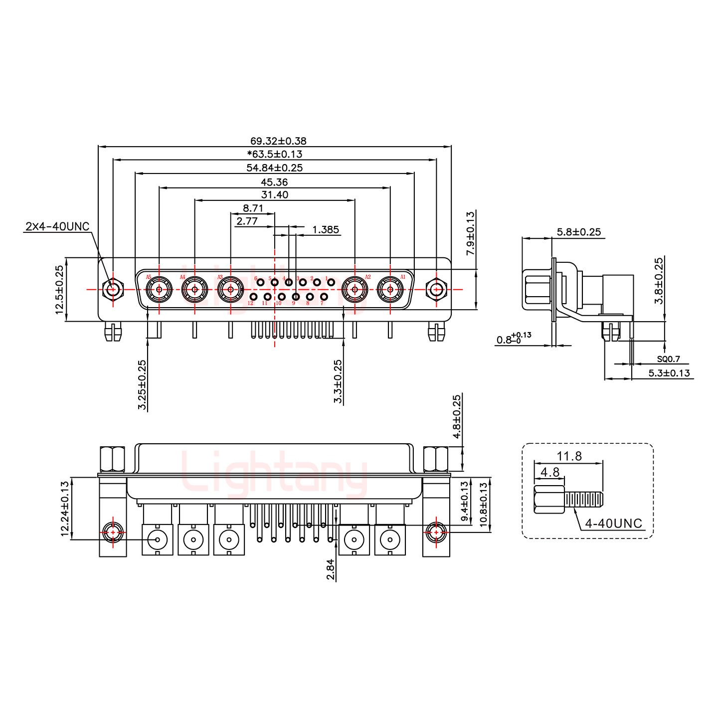 17W5母PCB弯插板/铆支架10.8/射频同轴75欧姆