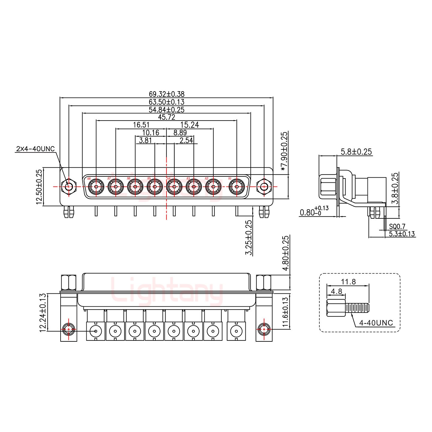 8W8母PCB弯插板/铆支架11.6/射频同轴50欧姆