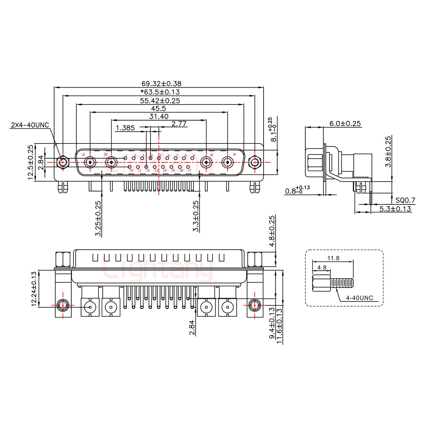 21W4公PCB弯插板/铆支架11.6/射频同轴50欧姆