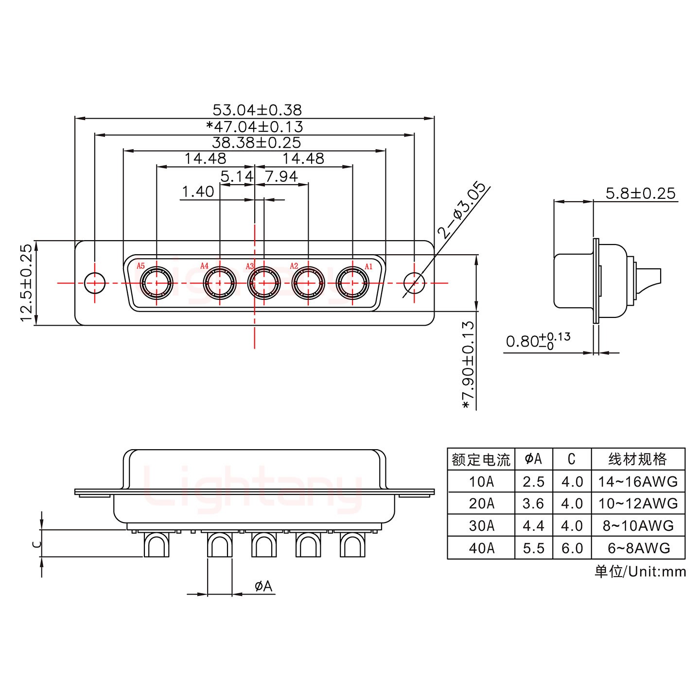 5W5母短体焊线/光孔/大电流10A