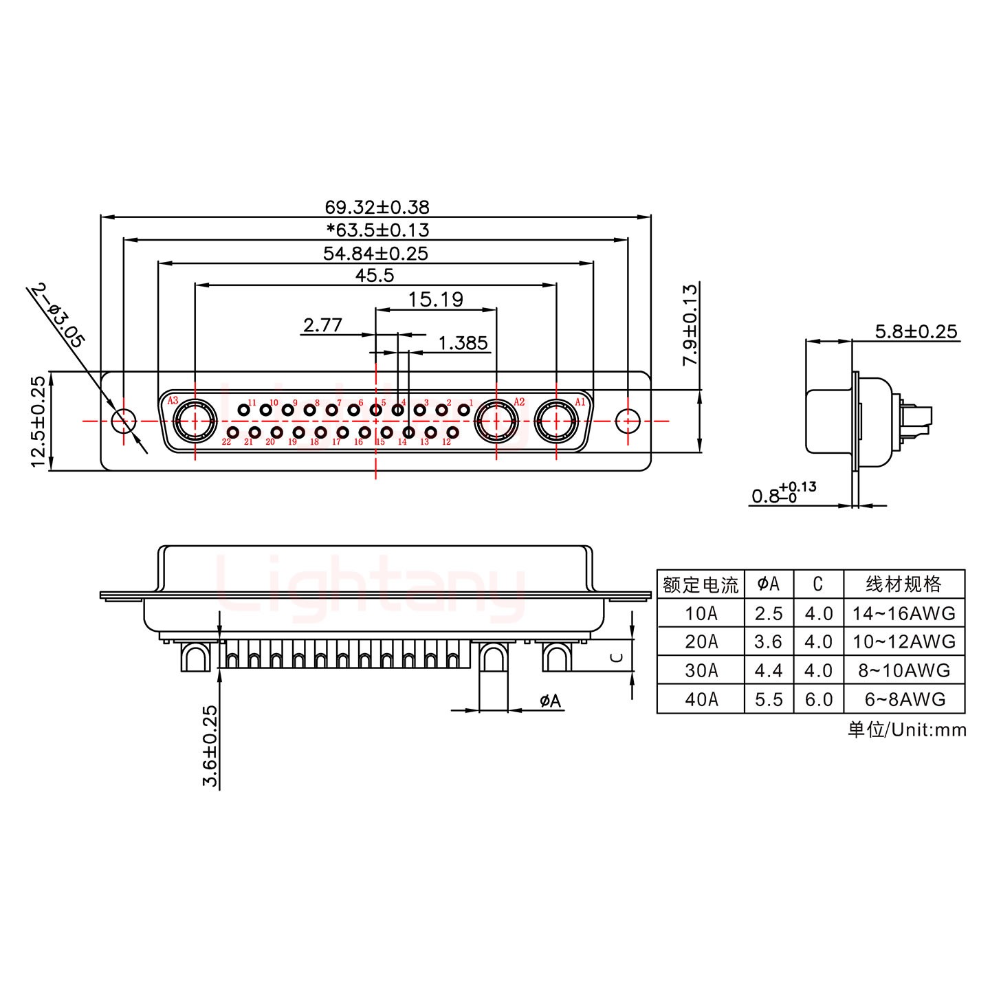 25W3母短体焊线/光孔/大电流40A