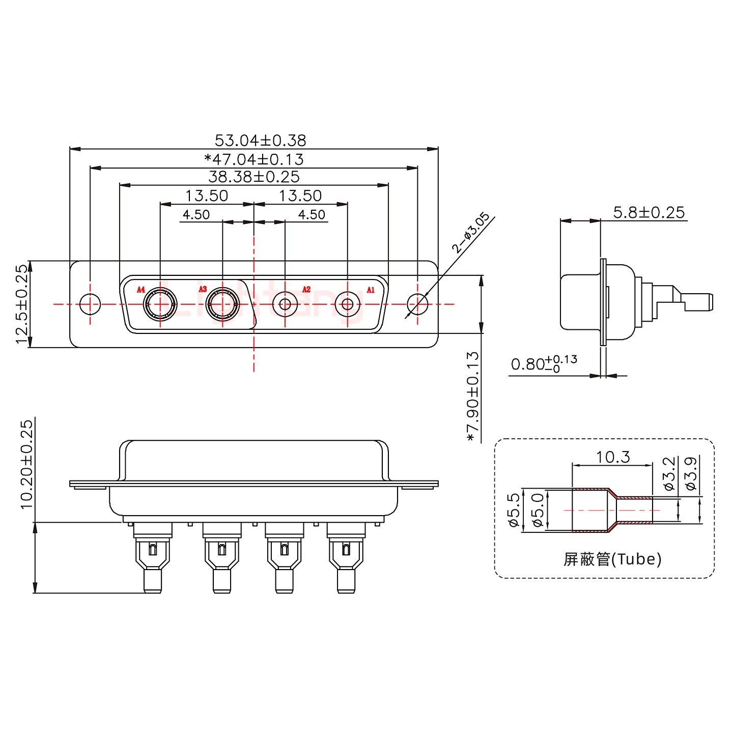 4V4母焊线式50欧姆+25P金属外壳592斜出线4~12mm