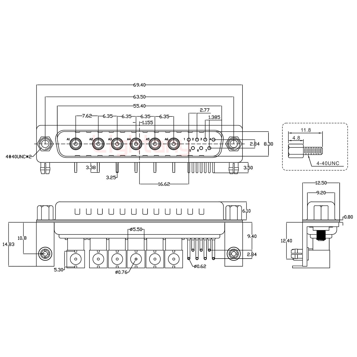 13W6B公PCB弯插板/铆支架10.8/射频同轴75欧姆