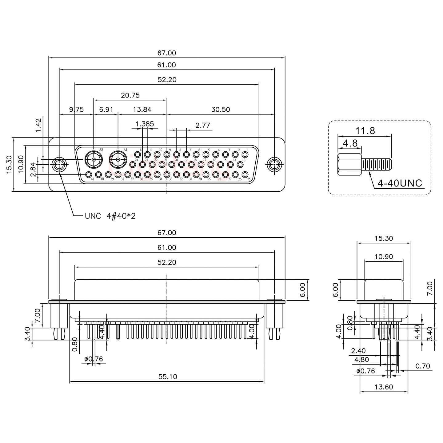 43W2母PCB直插板/铆鱼叉7.0/射频同轴75欧姆