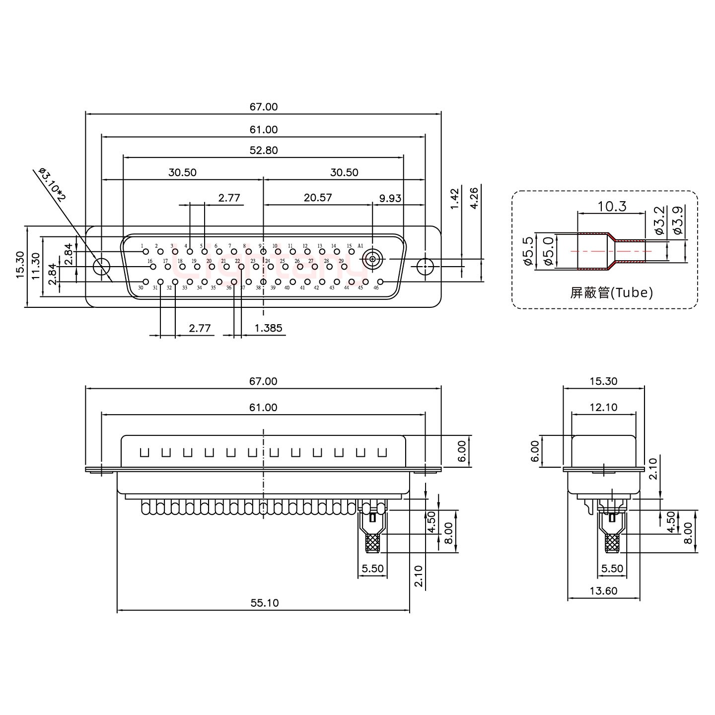 47W1公焊线式50欧姆+50P金属外壳2252三个出线孔12mm