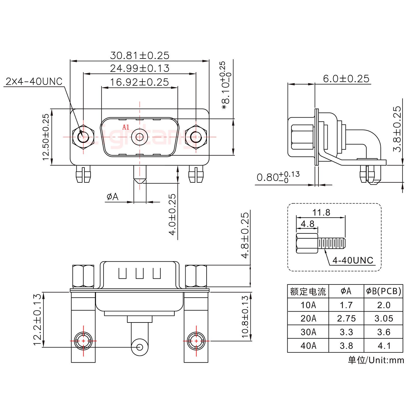 1W1公PCB弯插板/铆支架10.8/大电流20A