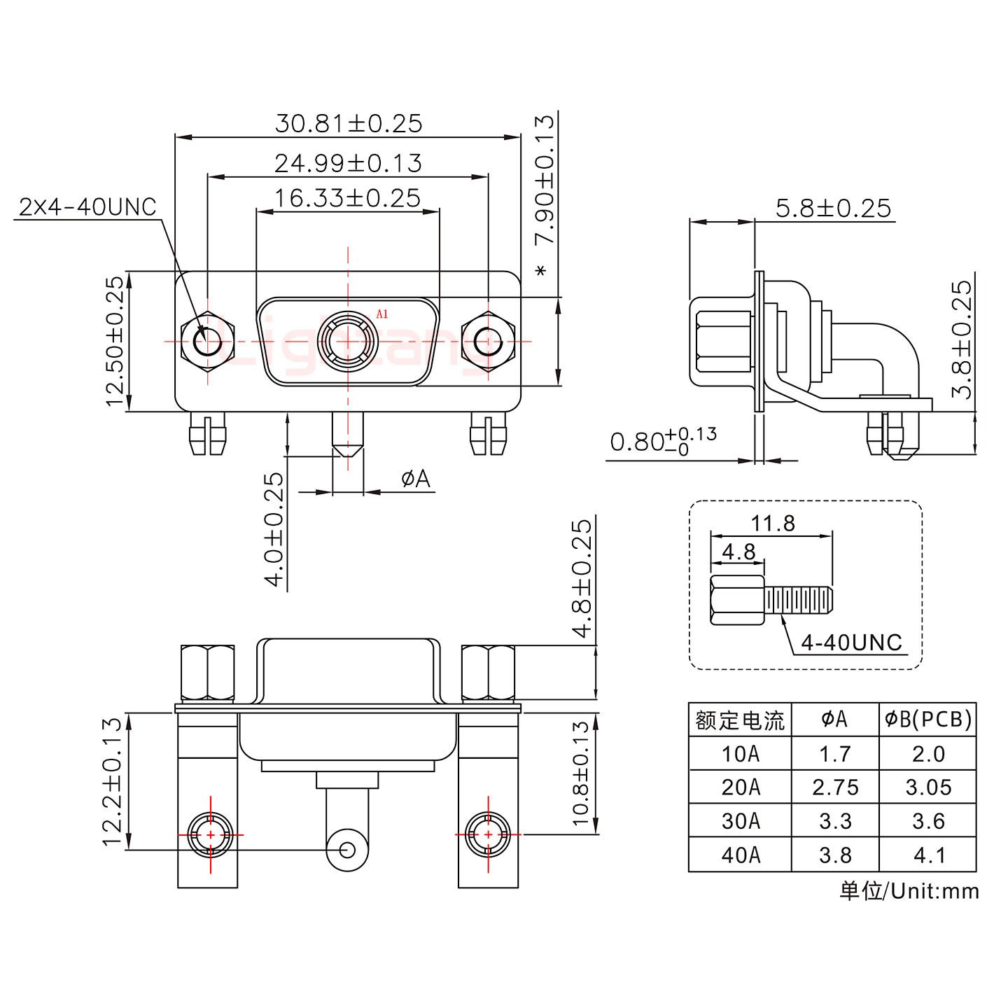 1W1母PCB弯插板/铆支架10.8/大电流30A