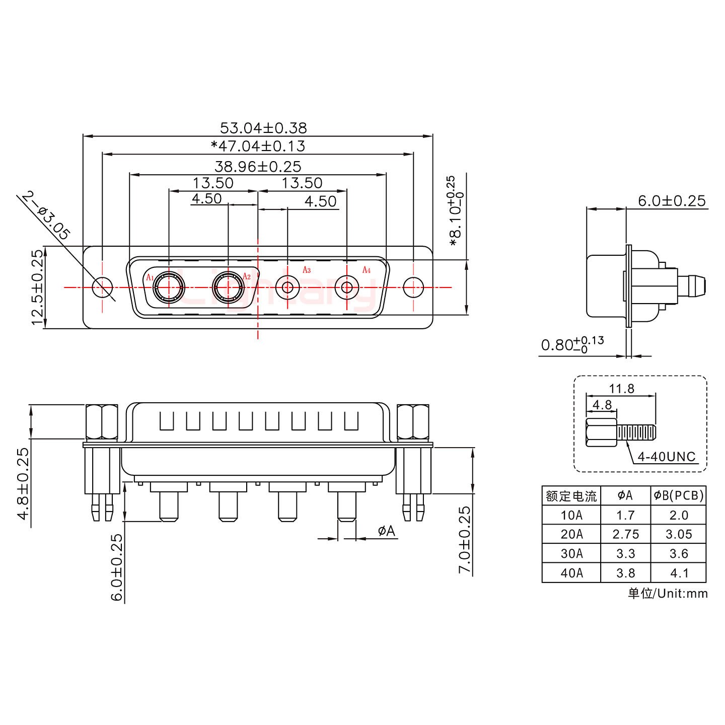 4V4公PCB直插板/铆支架7.0/大电流10A