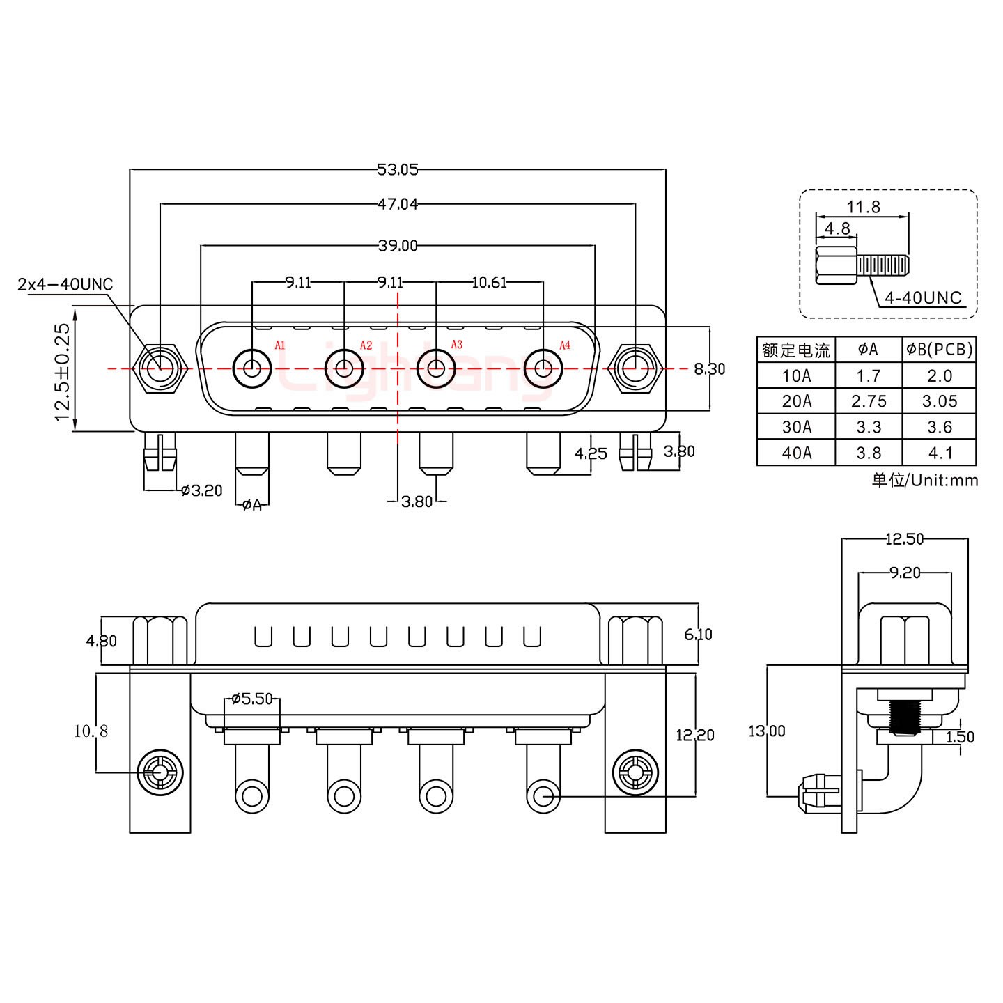 4W4公PCB弯插板/铆支架10.8/大电流10A