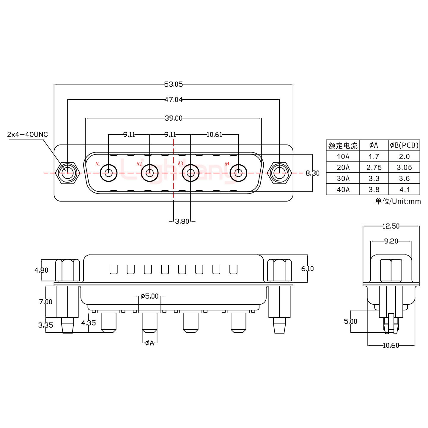 4W4公PCB直插板/铆鱼叉7.0/大电流30A