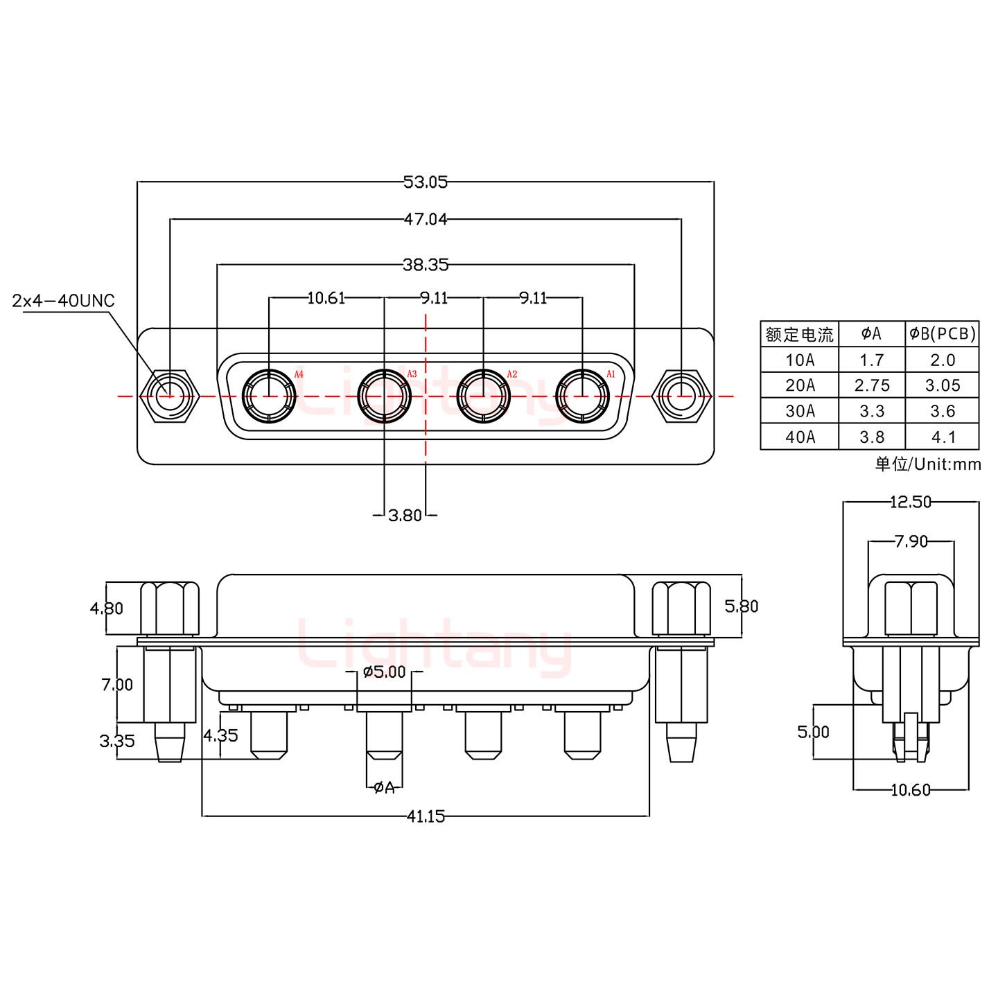 4W4母PCB直插板/铆鱼叉7.0/大电流30A