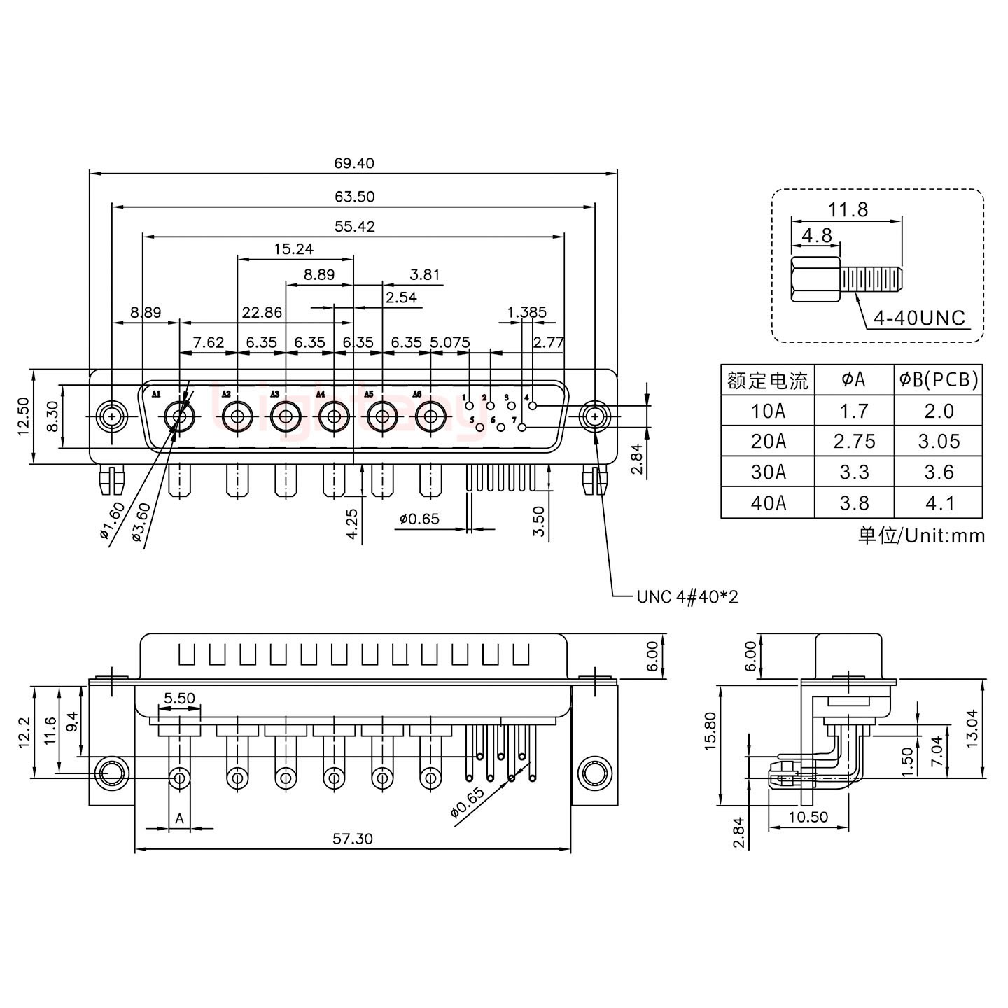 13W6B公PCB弯插板/铆支架11.6/大电流40A