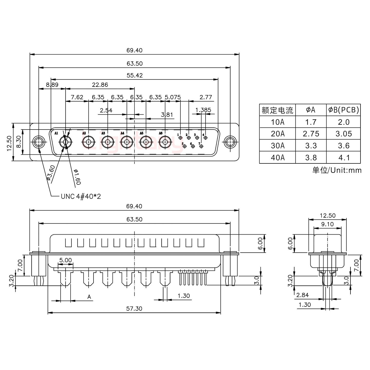 13W6B公PCB直插板/铆支架7.0/大电流40A