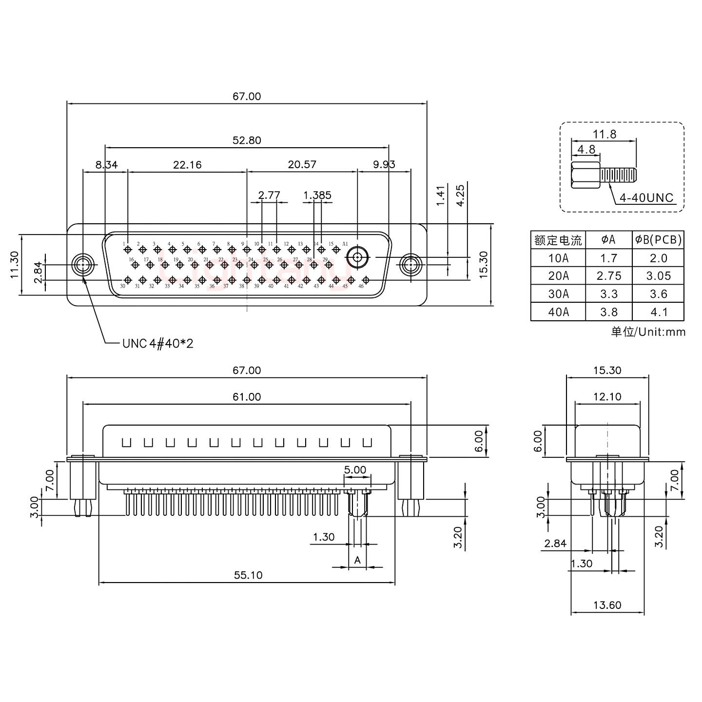 47W1公PCB直插板/铆鱼叉7.0/大电流20A