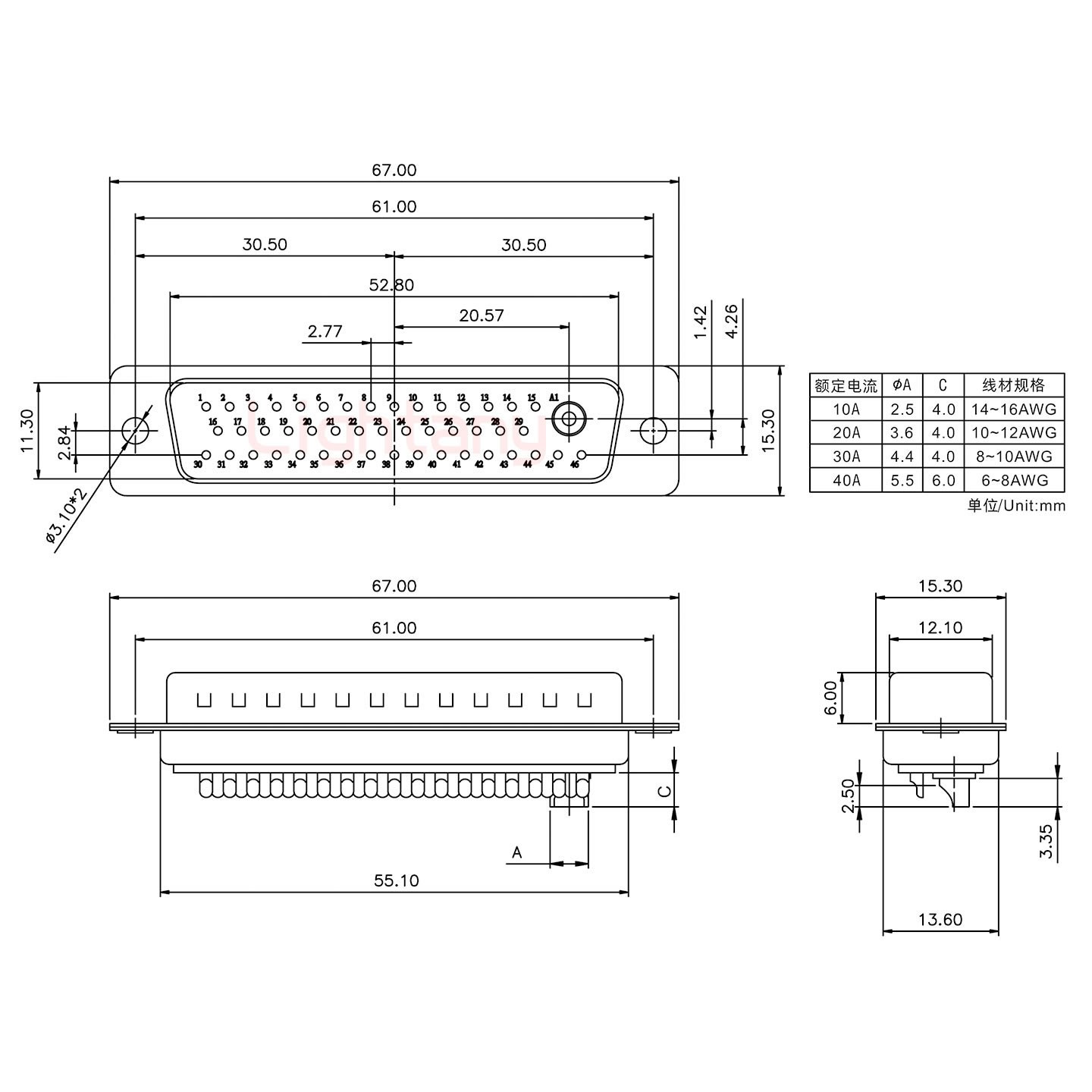 47W1公短体焊线10A+50P金属外壳2252三个出线孔12mm