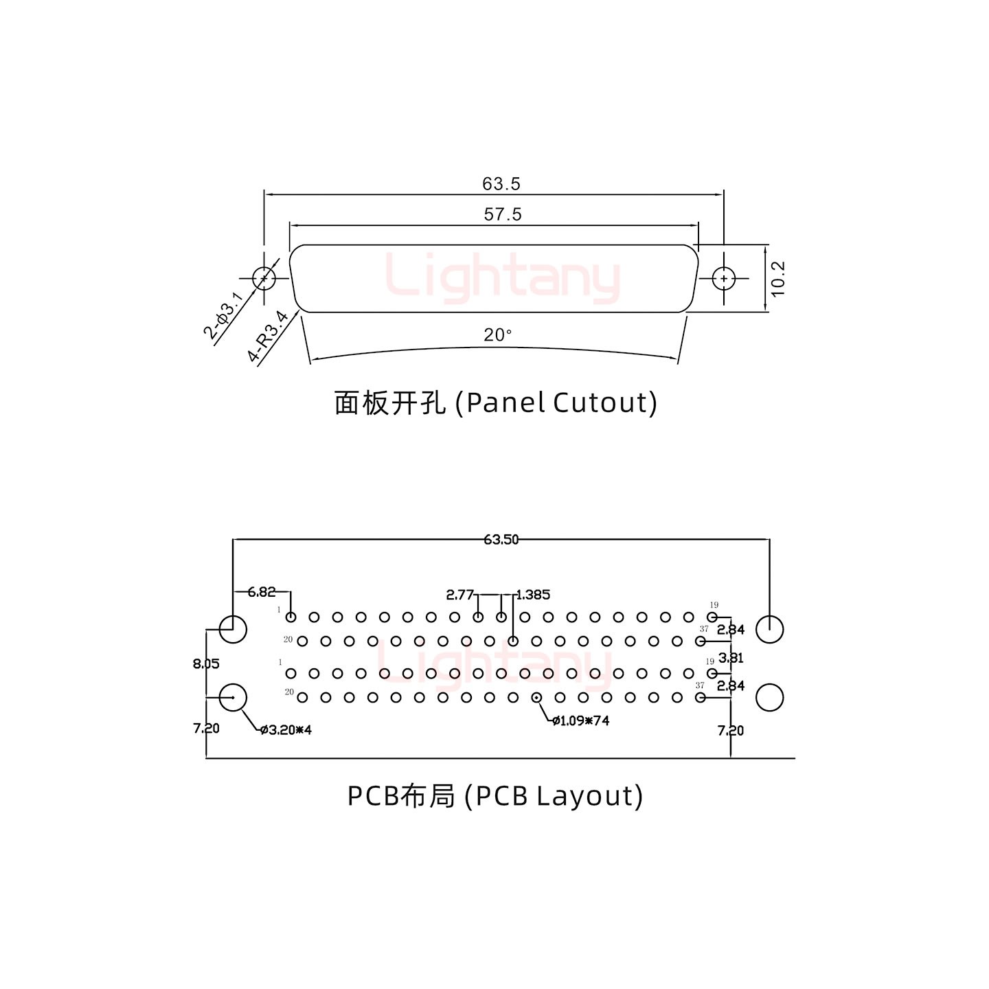 DR37 公对公 间距19.05车针双胞胎 D-SUB连接器