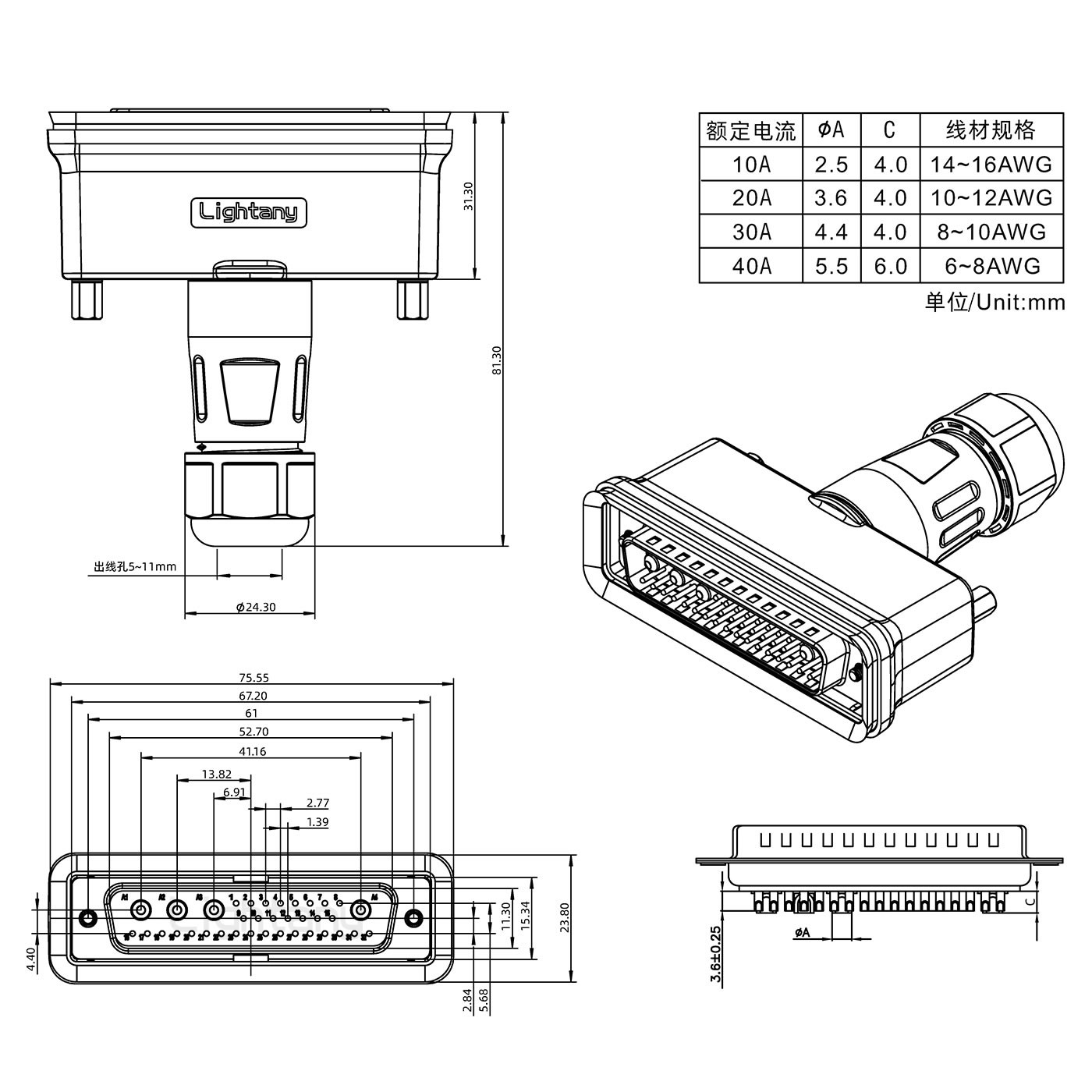 36W4公头焊线+防水接头/线径5~11mm/大电流40A