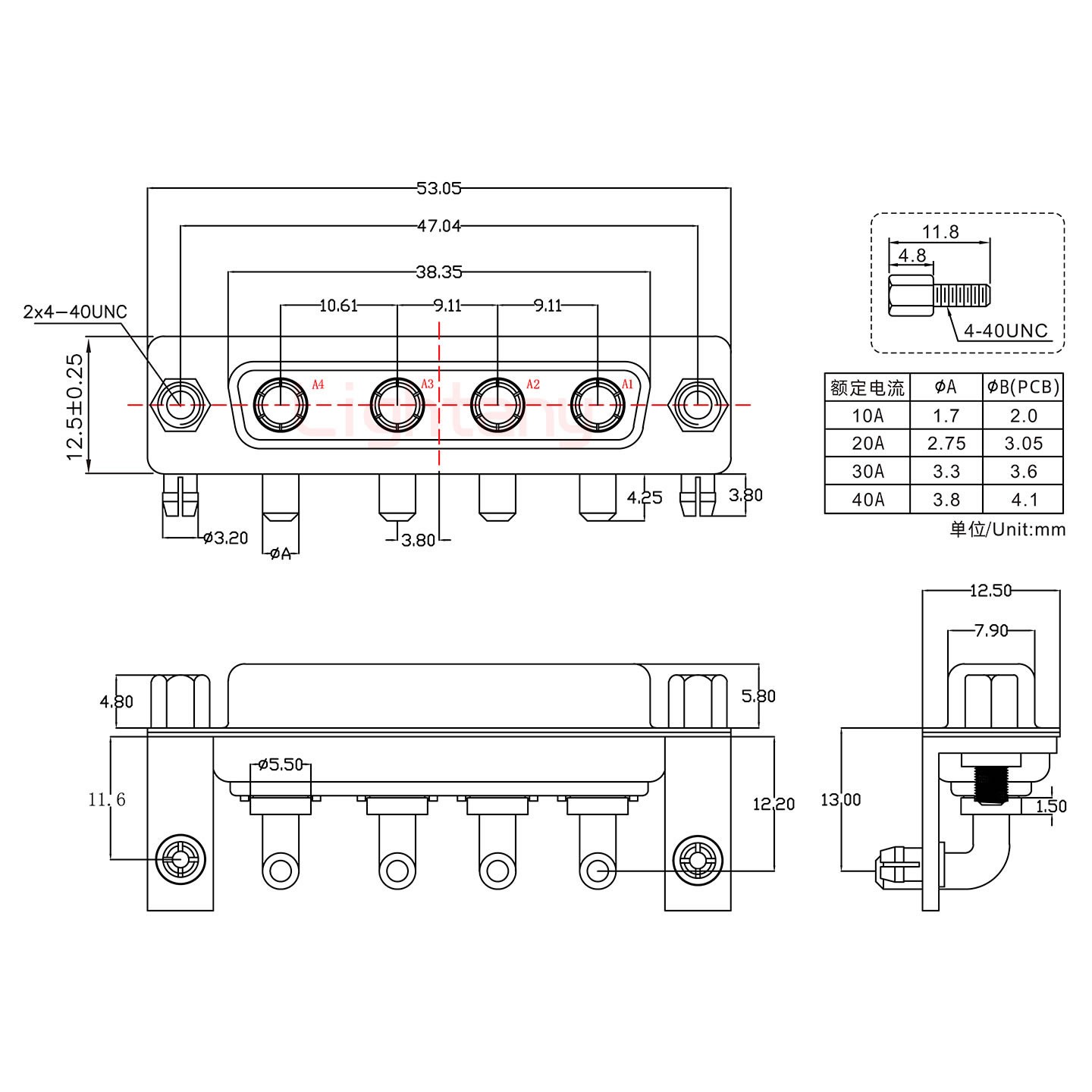 4W4母PCB弯插板/铆支架11.6/大电流20A