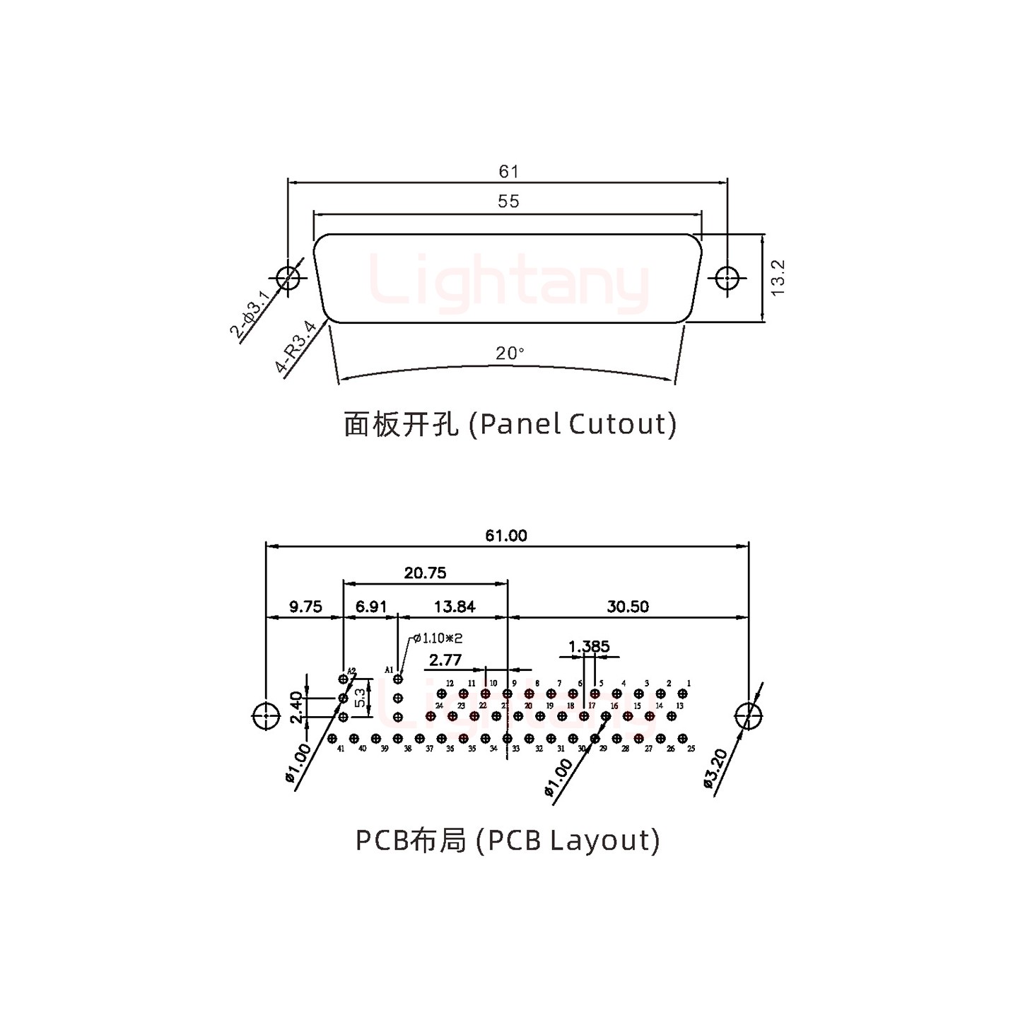 43W2母PCB直插板/铆鱼叉7.0/射频同轴50欧姆